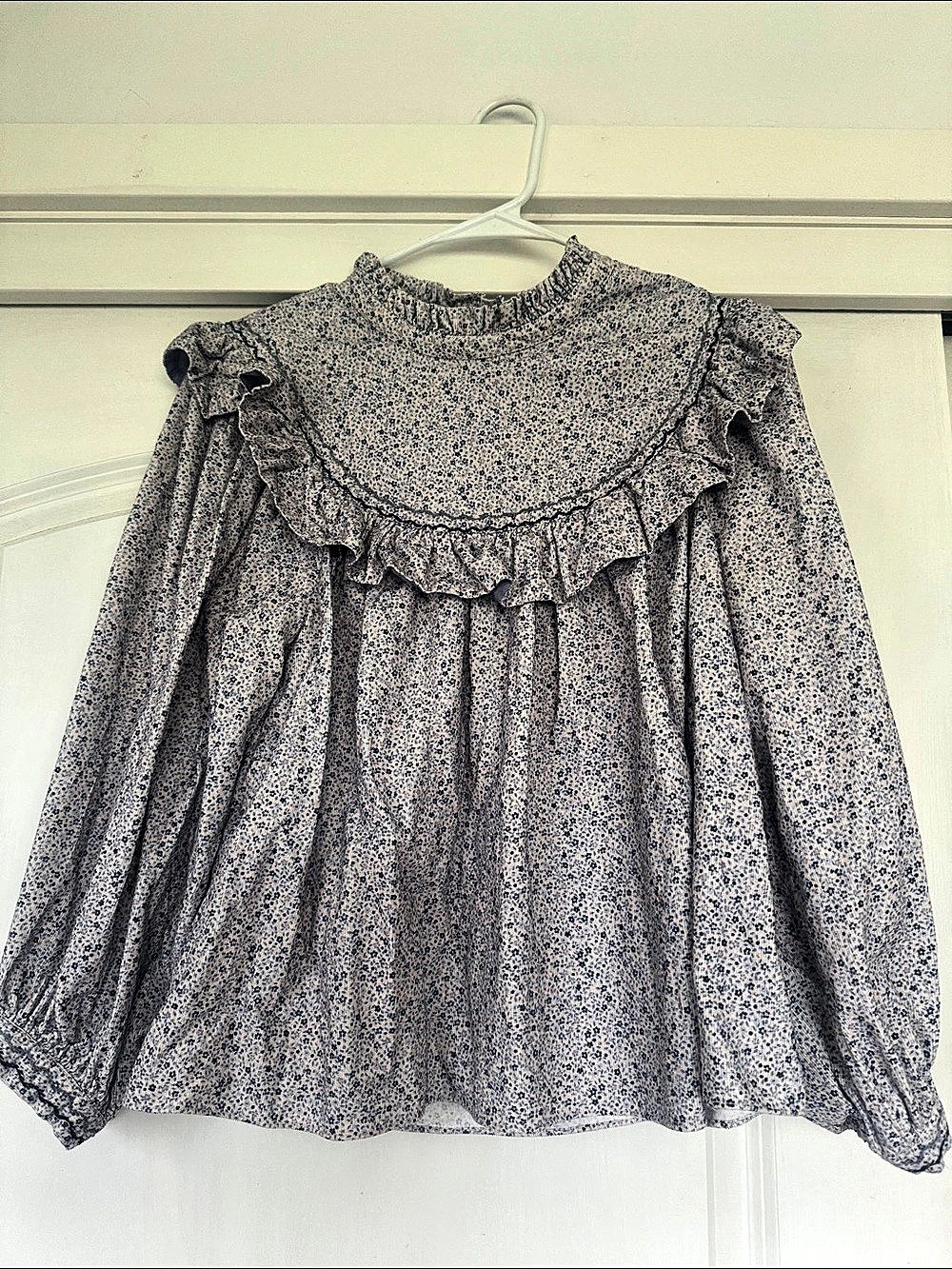 Doen Floral Ruffle Long Sleeve Blouse in Blue & White Like New